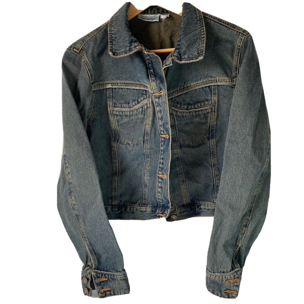 Jeanology denim jeans jacket pockets leather trim biker moto women size m